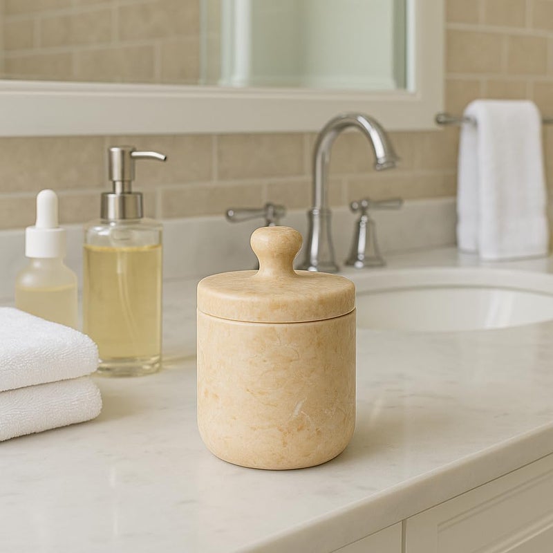 Creative Home Natural Champagne Marble Notch Collection Cotton Ball, Swab Holder Bathroom Storage Jar Container Organizer, 3.5" Diam. x 3.8" H, Beige - Image 4